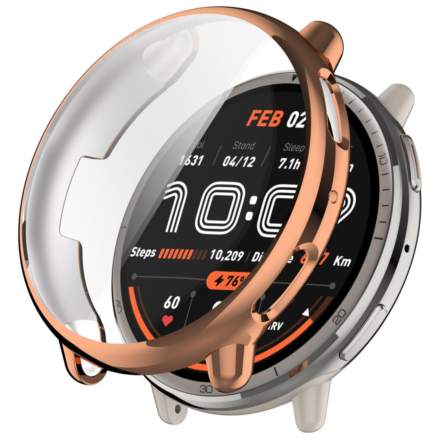 Una cassa per smartwatch color oro rosa con una copertura trasparente sul quadrante che mostra le metriche.