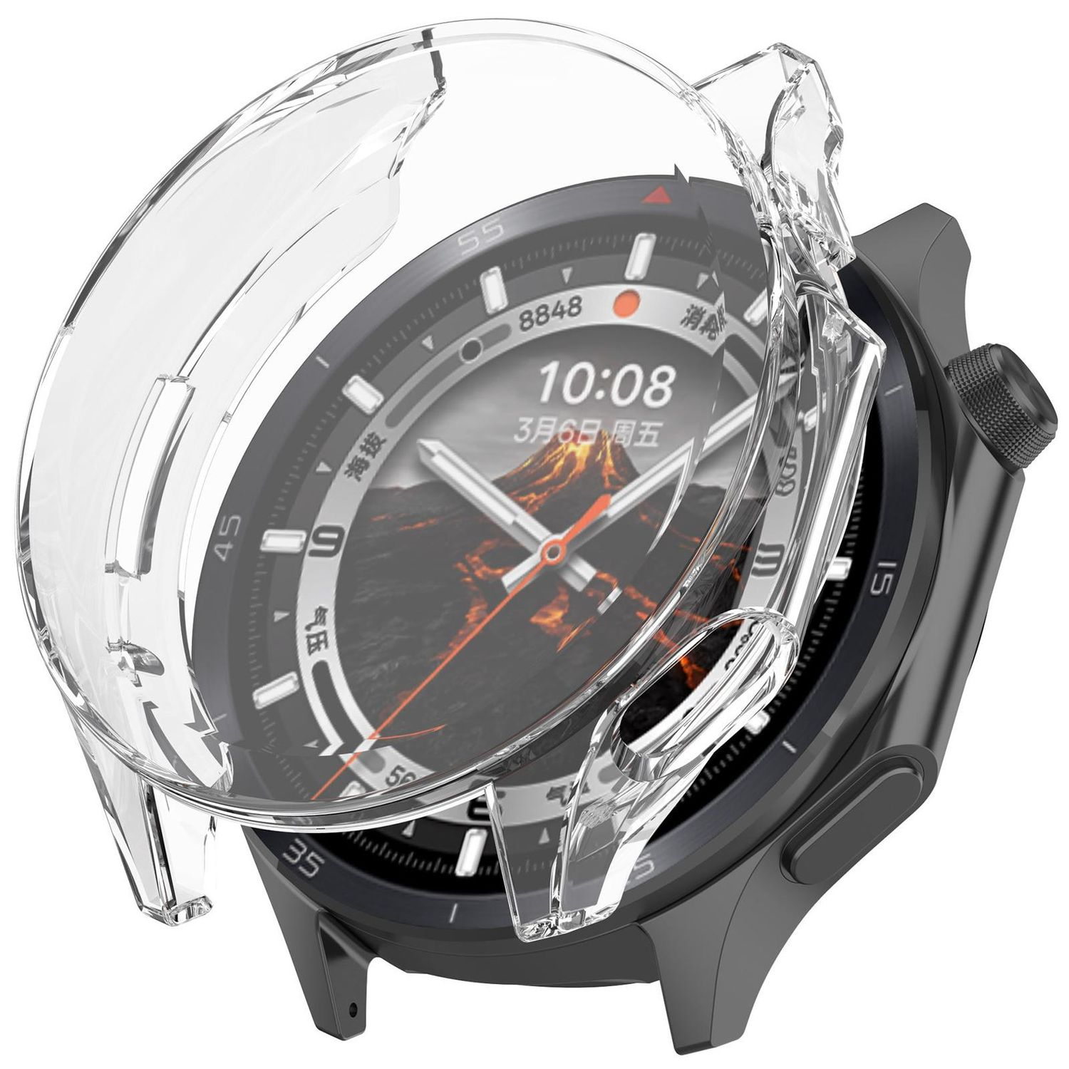 Un orologio con una custodia di plastica trasparente su sfondo bianco.