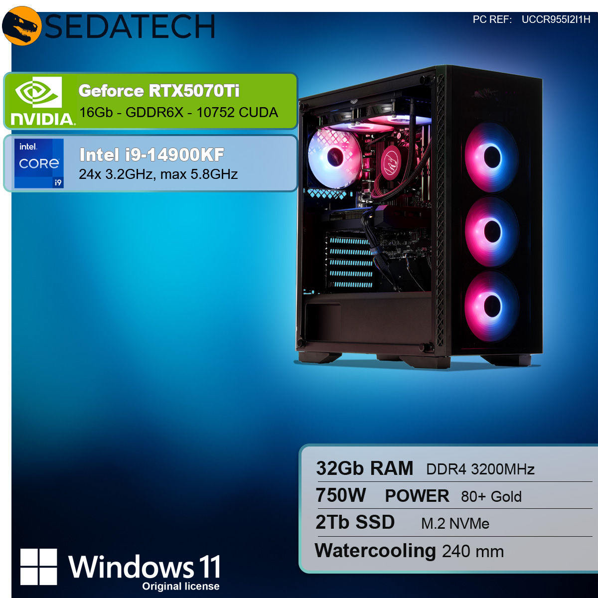 PC da gioco con specifiche elencate. Include scheda grafica, CPU, RAM, SSD e raffreddamento a liquido.