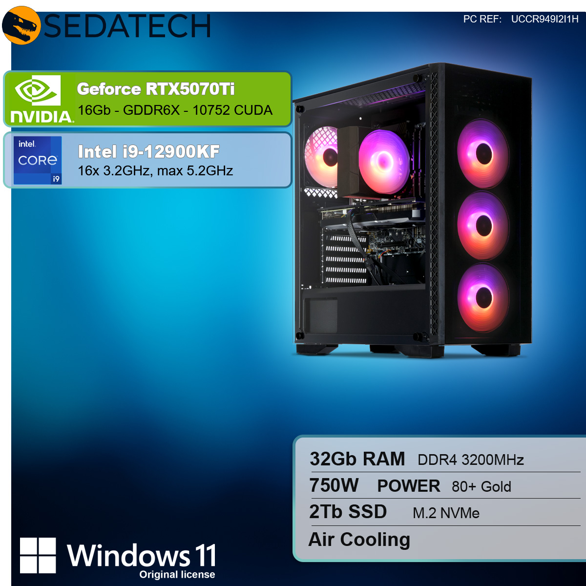 Case nero per computer con ventole luminose e specifiche sul lato sinistro.
