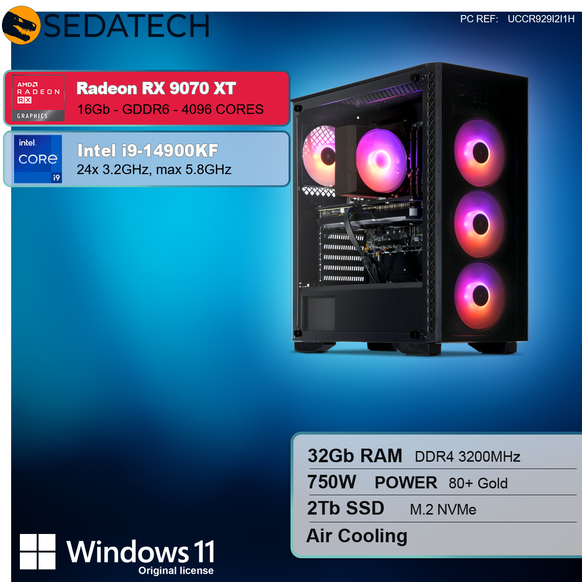 Un case per computer nero con luci interne colorate e componenti del computer.