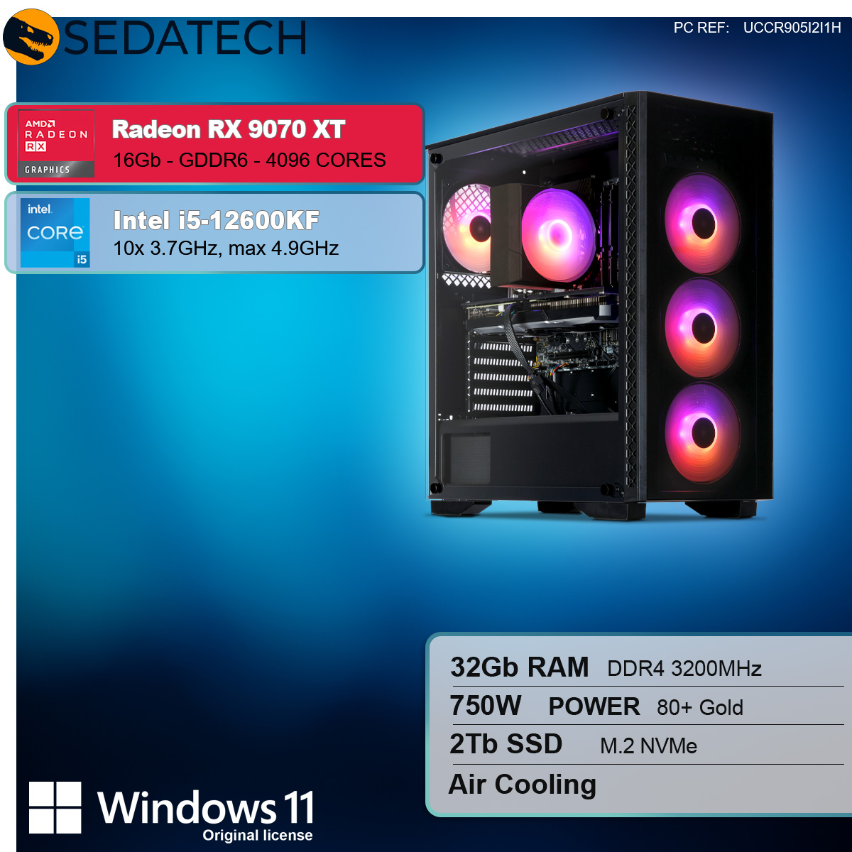 Un case per computer con una Radeon RX 9070 XT e Intel i5-12600KF, con componenti illuminati.