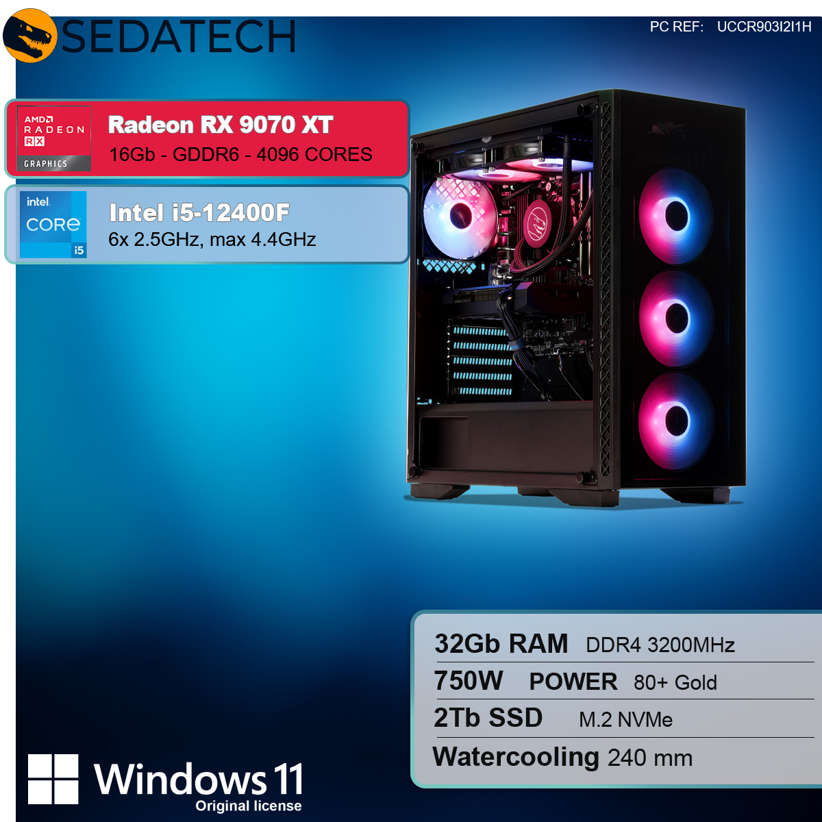 Komputer stacjonarny z czerwonymi i różowymi światłami, specyfikacje obejmują Radeon RX 9070 XT, Intel i5.