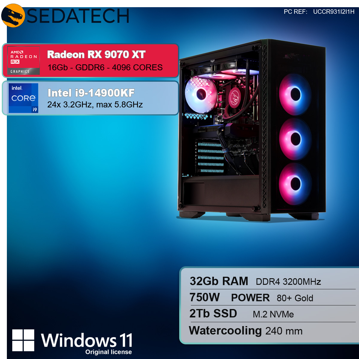 Ein Computergehäuse mit Komponenten, AMD Radeon und Intel Core Etiketten, und Spezifikationen.