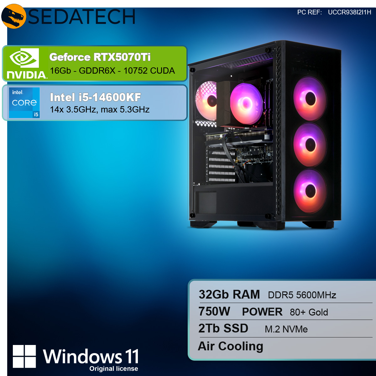 Schwarzer Computerturm mit RGB-Komponenten. Spezifikationen für RTX 5070 und Intel i5.