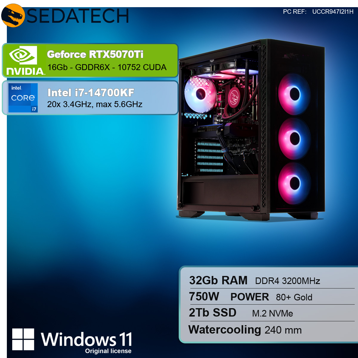 Komputer do gier z czarną obudową, szklanym bokiem i oświetleniem RGB. Komponenty wymienione na etykiecie.