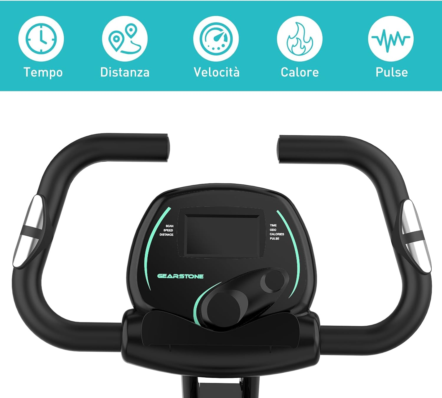 Console della cyclette che mostra velocità, distanza, calorie e pulsazioni.