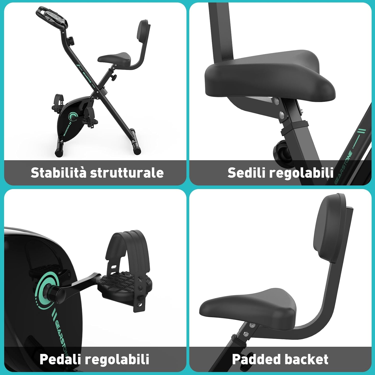 Una cyclette nera con sedile, pedali e schienale imbottito regolabili. La bici ha un telaio nero e dettagli verdi.