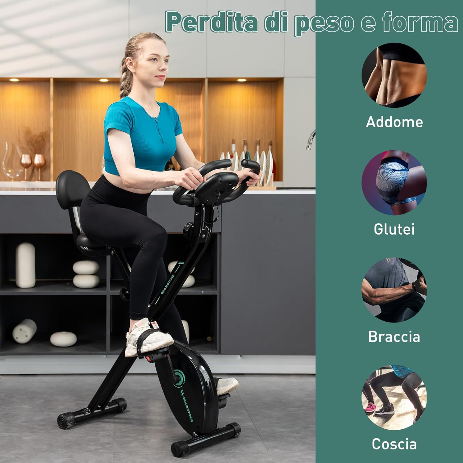 Donna su cyclette, mostra esercizi per addome, glutei, braccia e cosce.