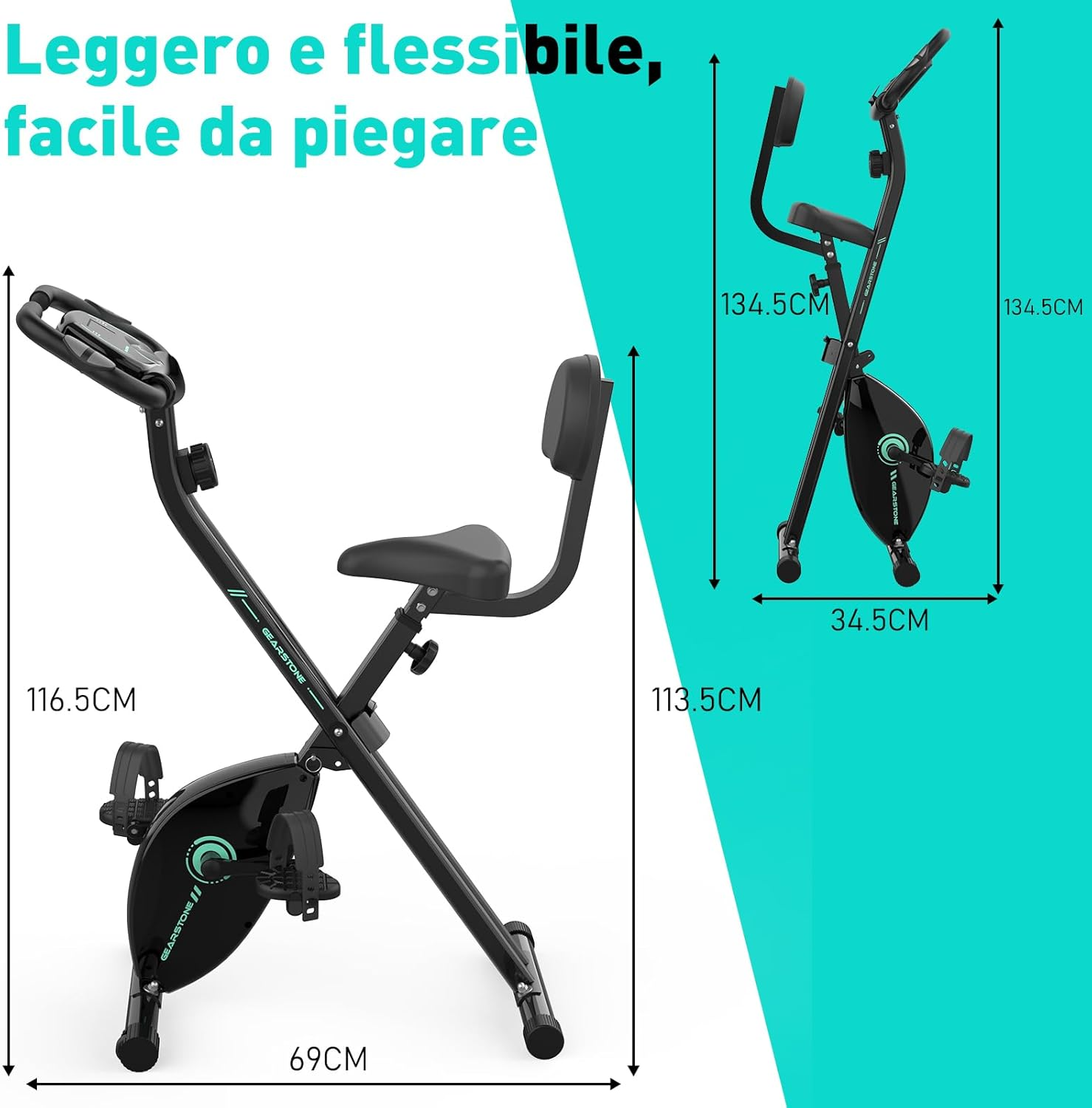 Bicicletta da esercizio pieghevole nera con dimensioni. Il testo sopra dice: «Leggero e flessibile, facile da piegare».