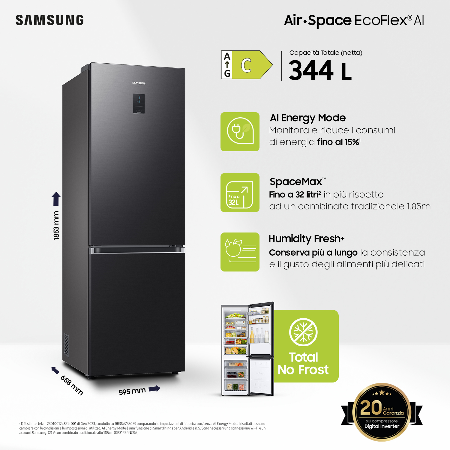 Czarna lodówka Samsung z dolnym zamrażalnikiem. Wymiary i funkcje wymieniono po prawej stronie.