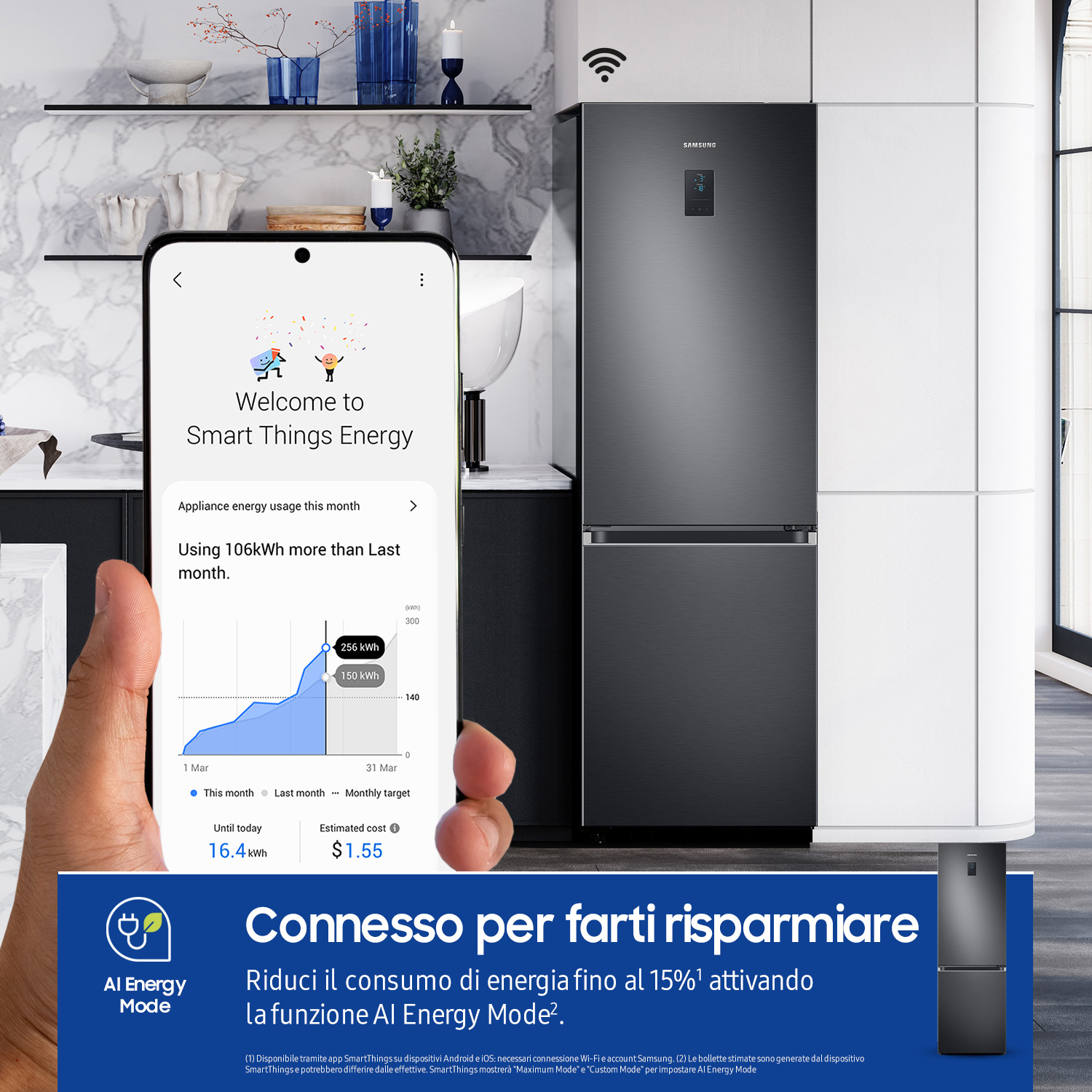 Telefon pokazujący zużycie energii, lodówka i tekst. Lodówka Samsung z czarnymi drzwiami.