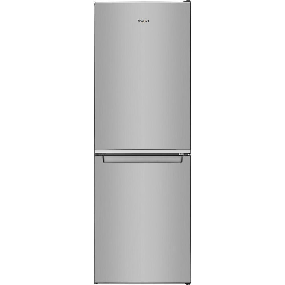 Frigorifero Whirlpool argento a due porte. Il frigorifero è su sfondo bianco.