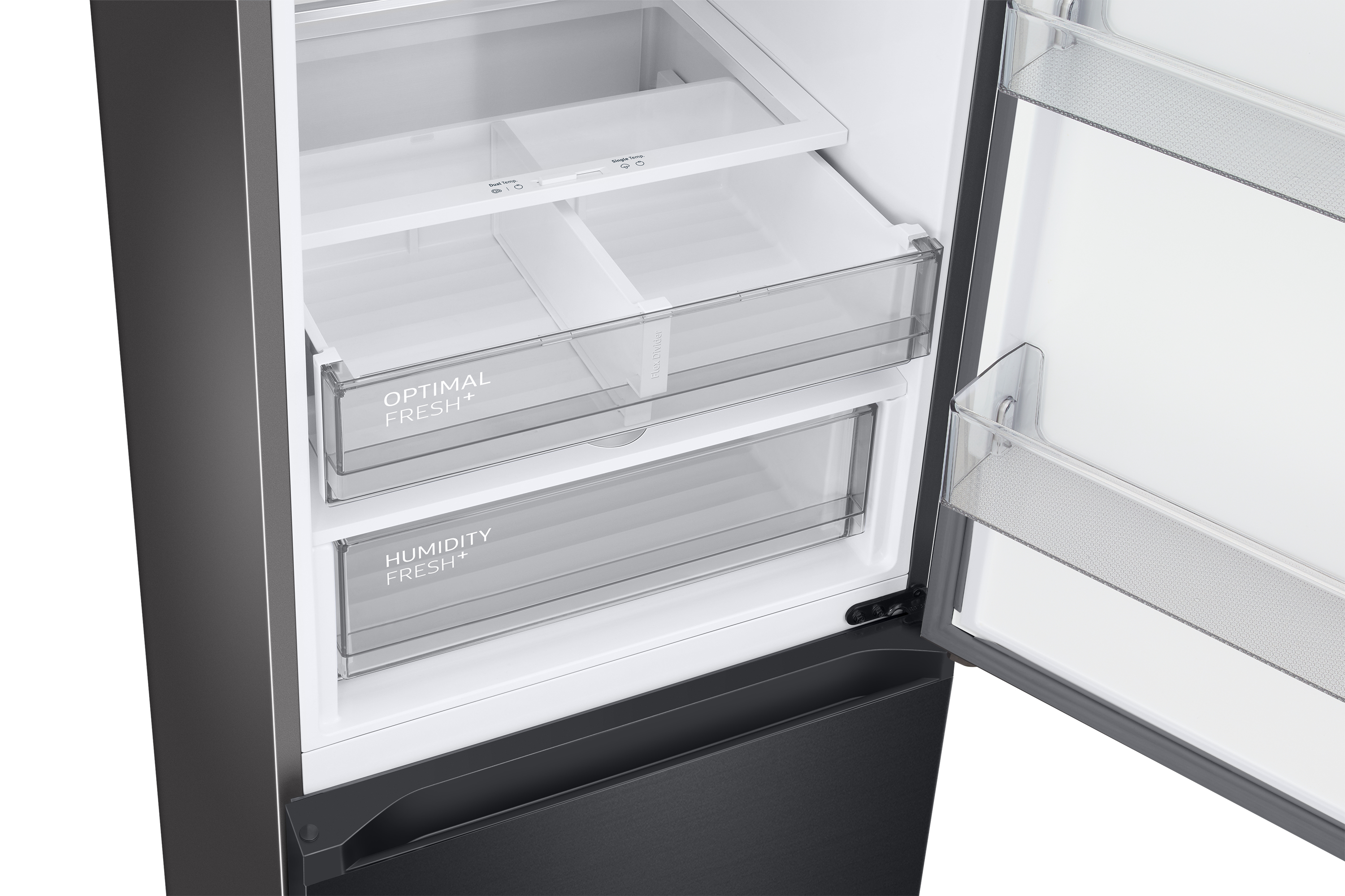 Otwarta lodówka z szufladami z napisem 'Optimal Fresh+' i 'Humidity Fresh+'. Widoczne wnętrze.