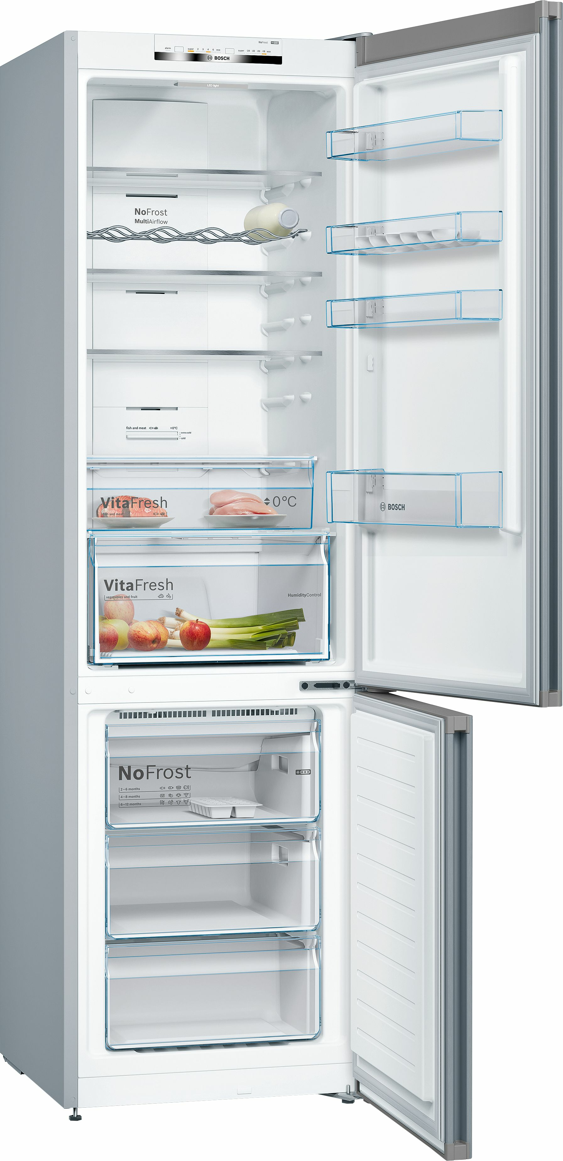 Open koelkast met planken, lades en etenswaren. Inclusief VitaFresh lade met producten.