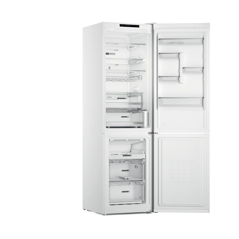 Un refrigerador blanco con puertas abiertas, mostrando compartimentos y estantes.