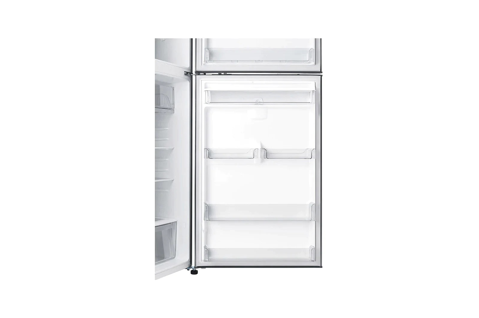 Interno di un frigorifero bianco con ripiani e cassetti, porta aperta.
