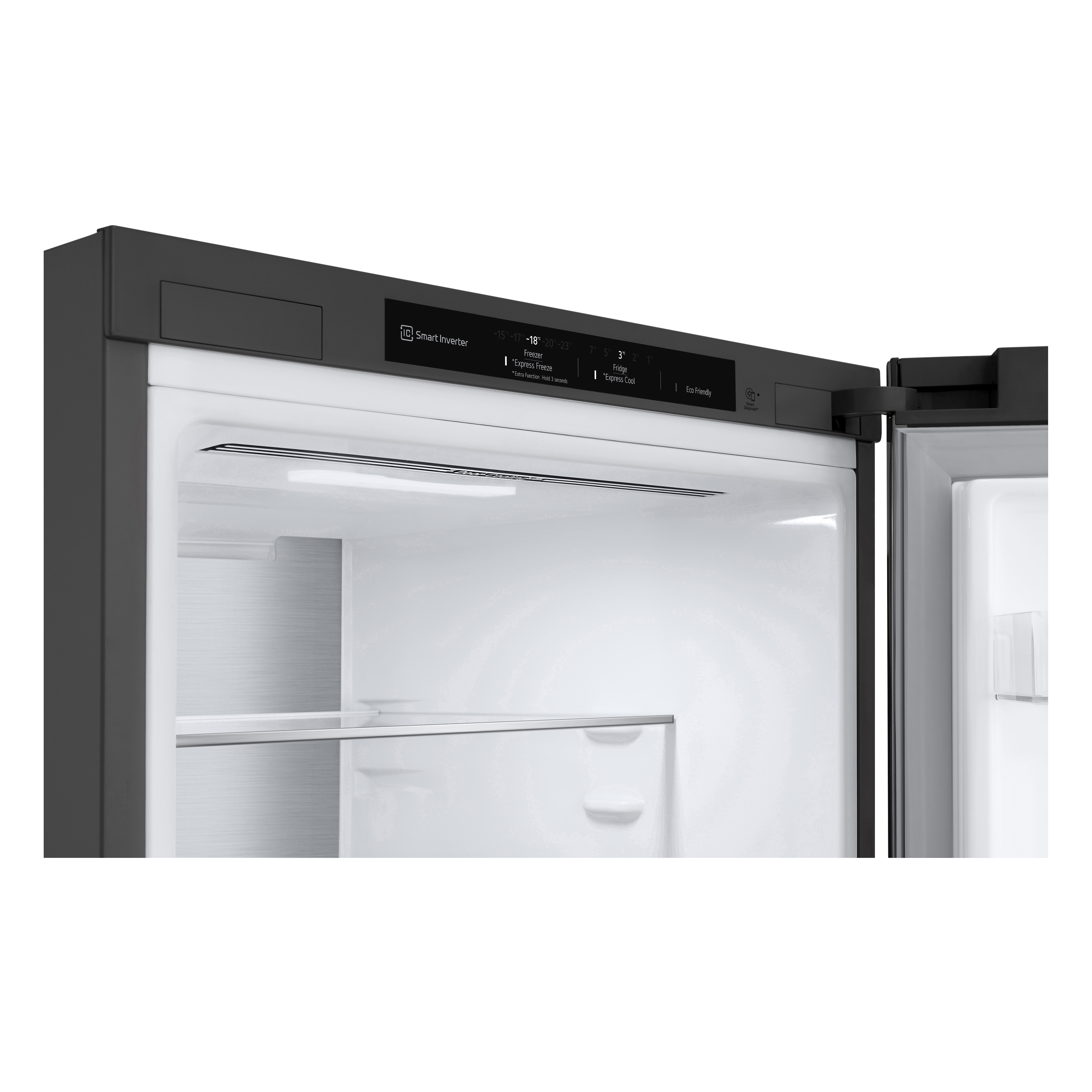 Interno frigo nero. Pannello di controllo con impostazioni temperatura e luce LED visibili.