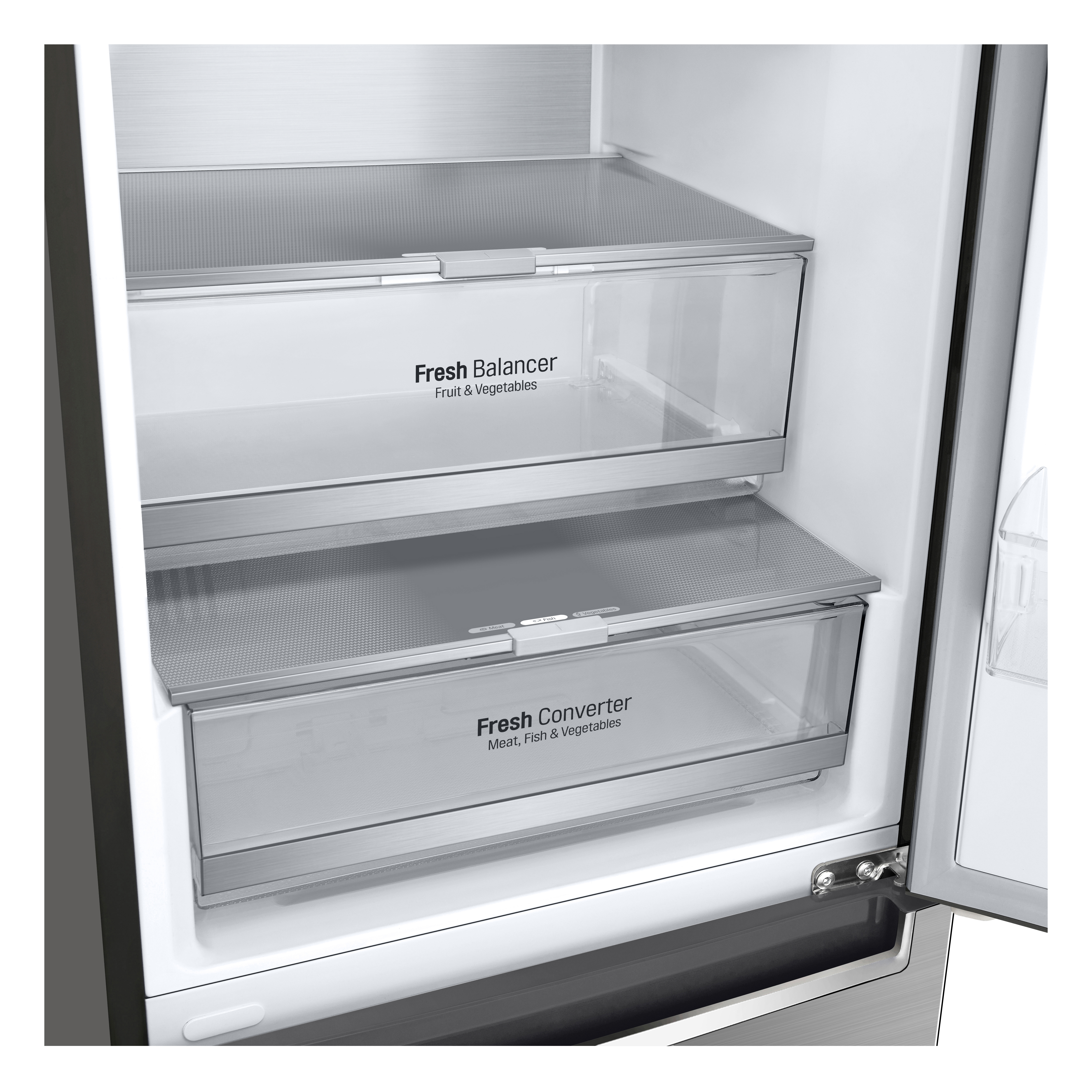Interno del frigorifero con cassetti 'Fresh Balancer' e 'Fresh Converter'.