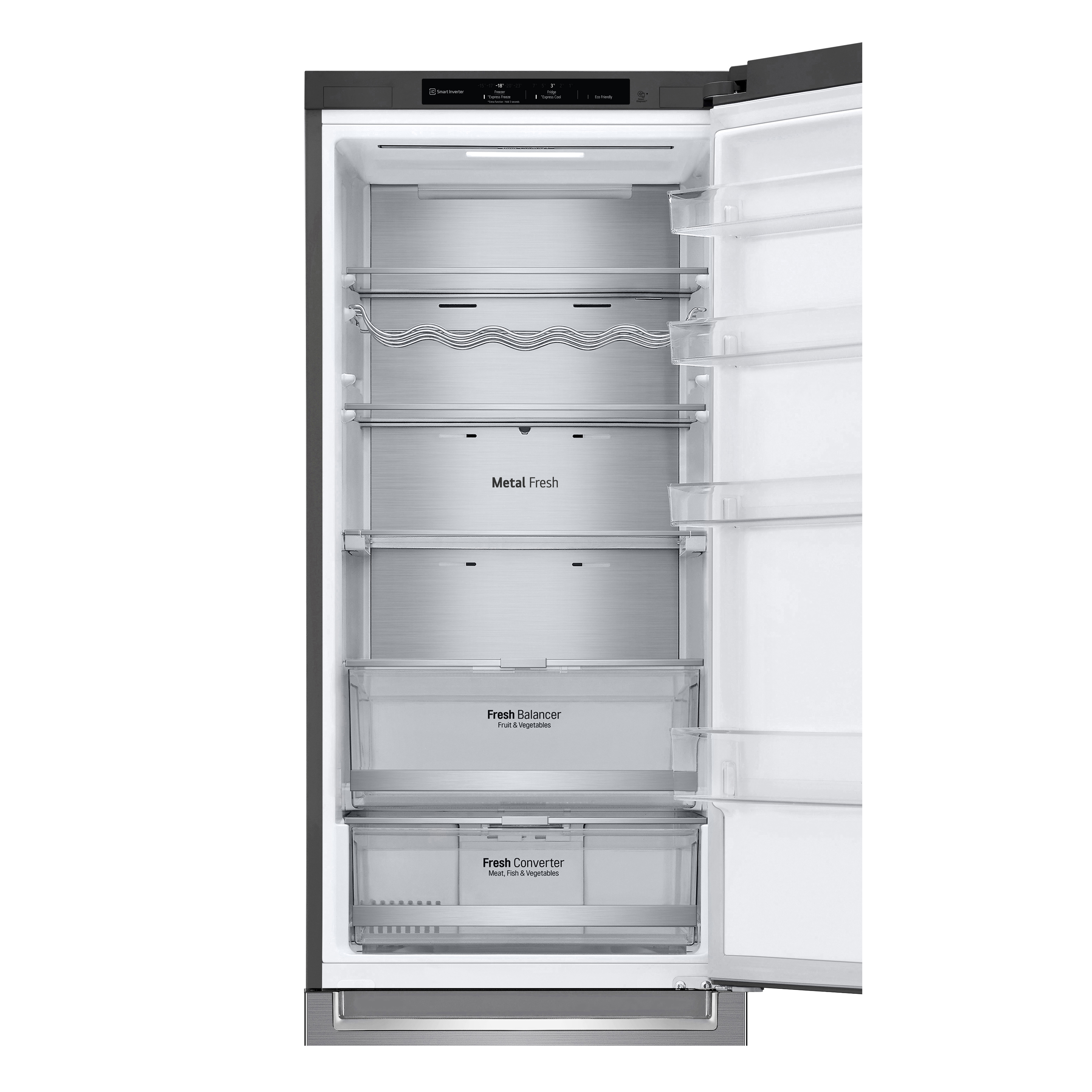 Interno di un frigorifero con la porta aperta. Ripiani e cassetti sono visibili. Metal Fresh e Fresh Balancer sono etichettati.