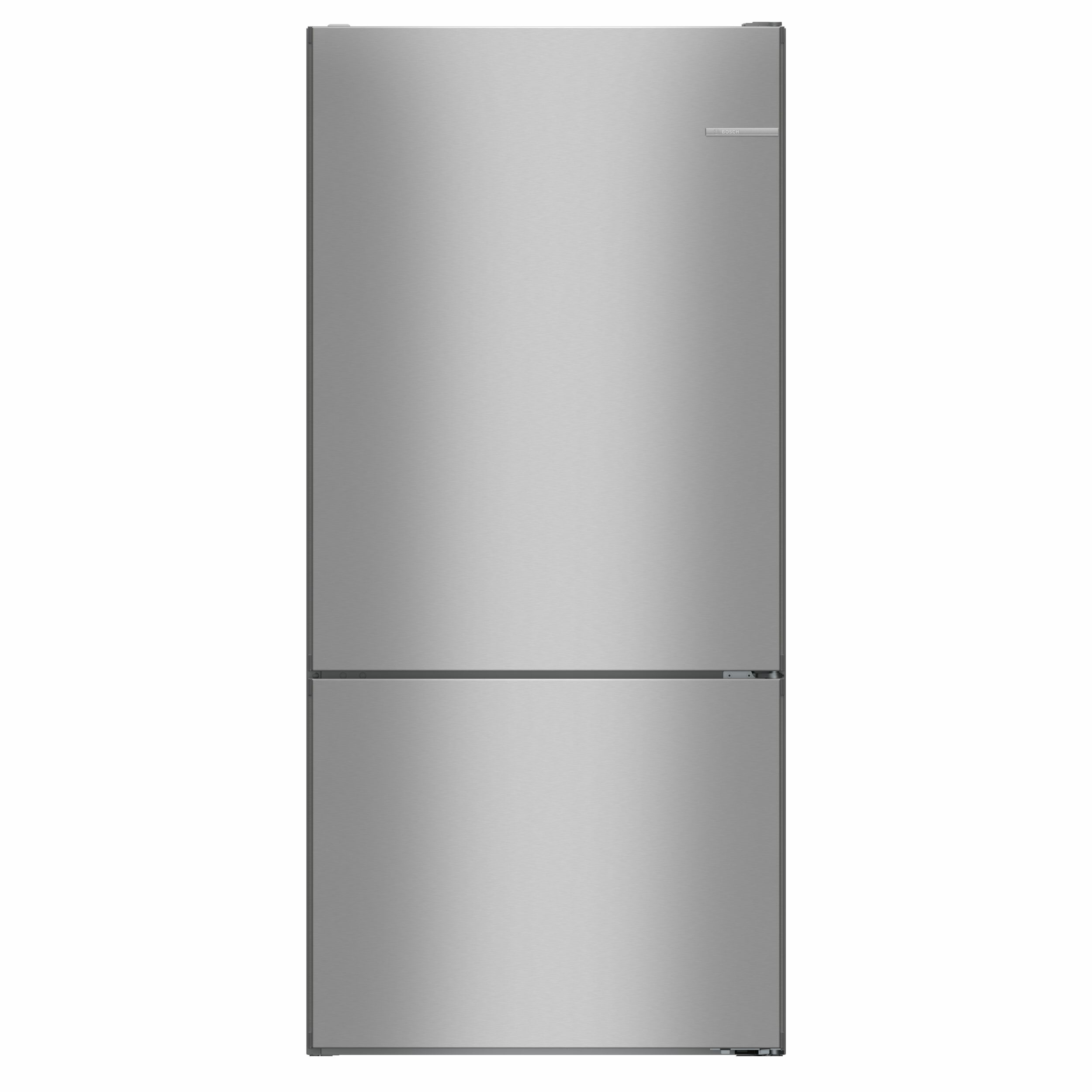 Edelstahlkühlschrank mit zwei Türen, Gefrierfach unten, Bosch-Logo.