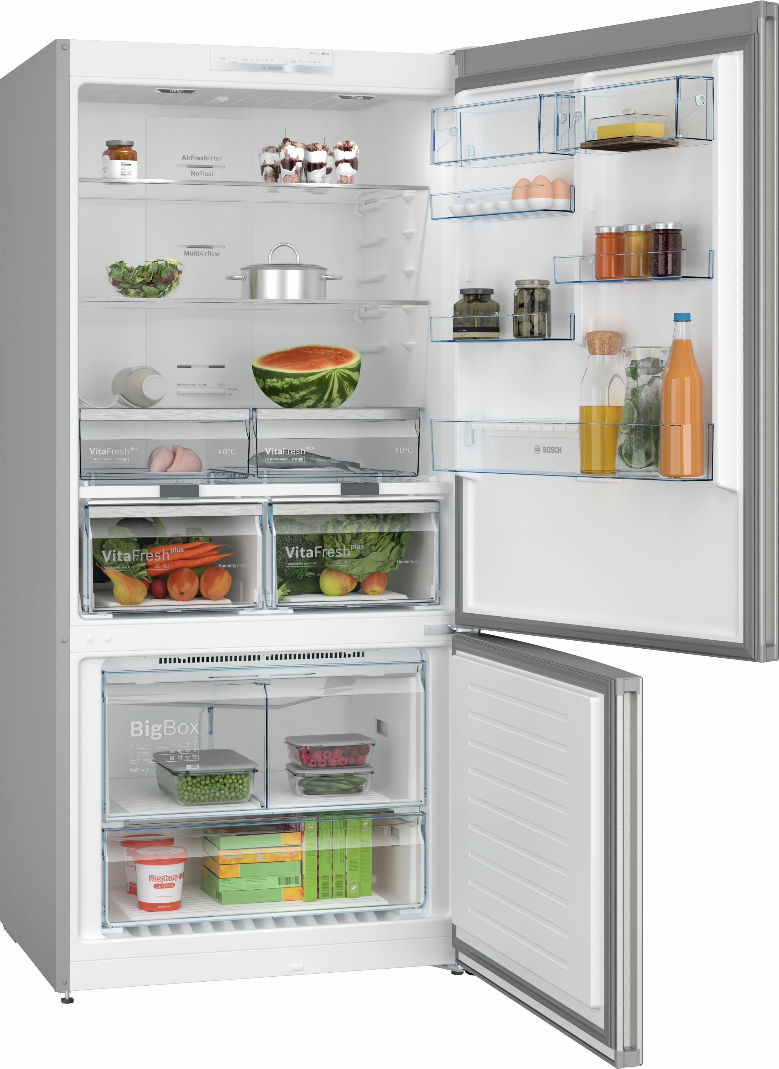 Ein Kühlschrank mit offenen Türen, der verschiedene Lebensmittel zeigt.