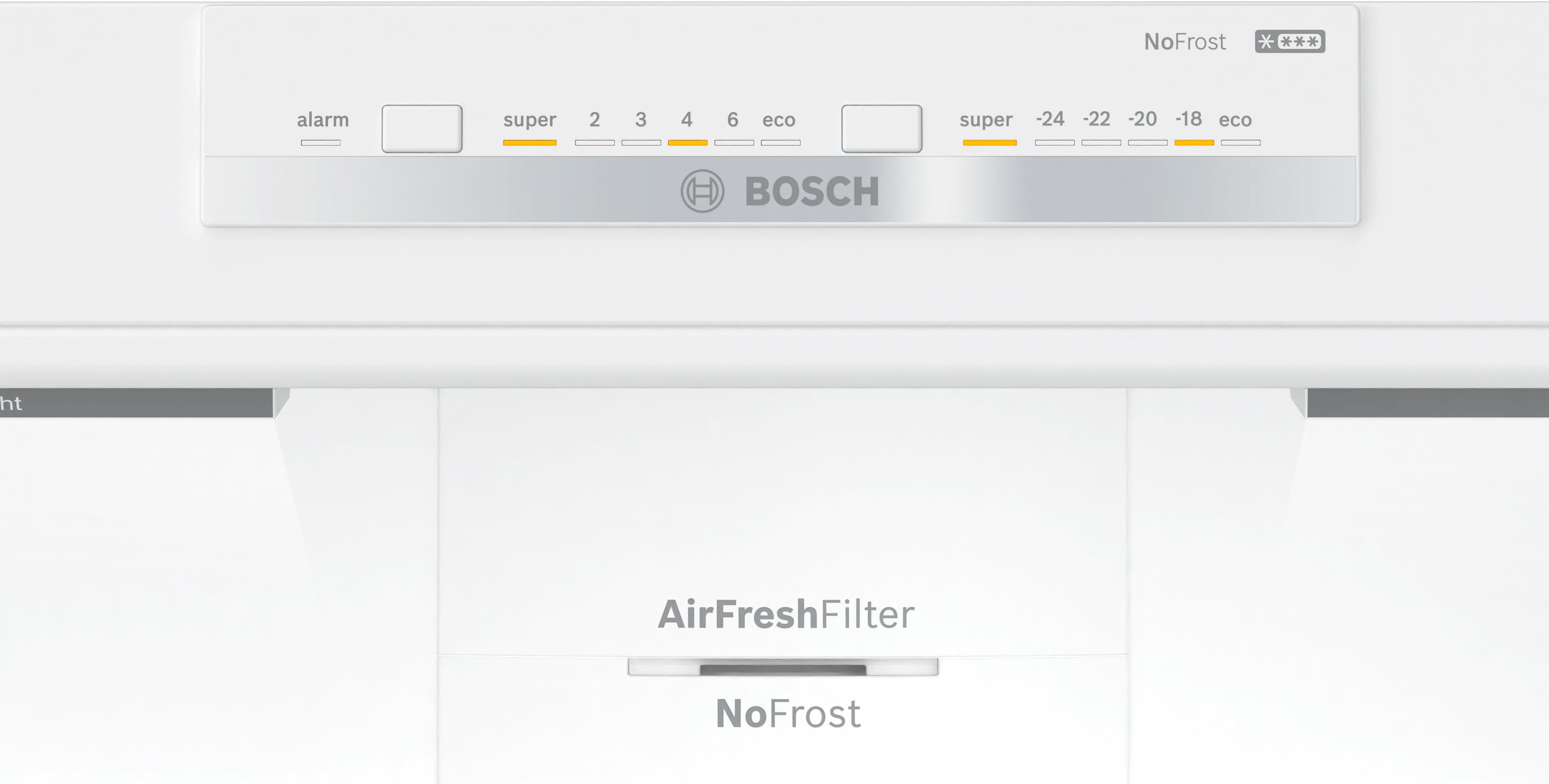 Bosch Kühlschrank-Bedienfeld mit Temperatureinstellungen und einem AirFreshFilter.