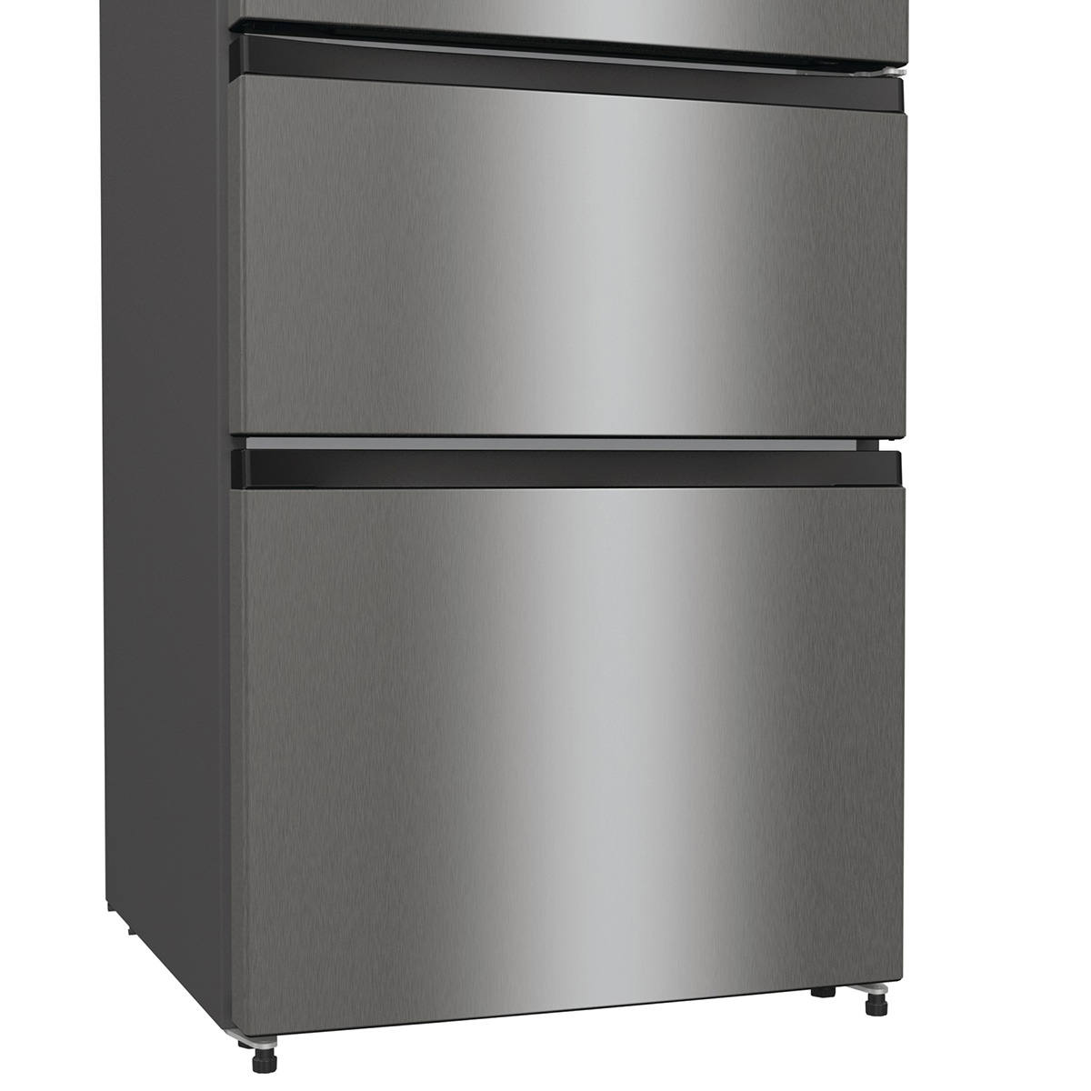 Metallic-grauer Kühlschrank. Er hat ein Gefrierfach oben und einen Kühlschrank unten.