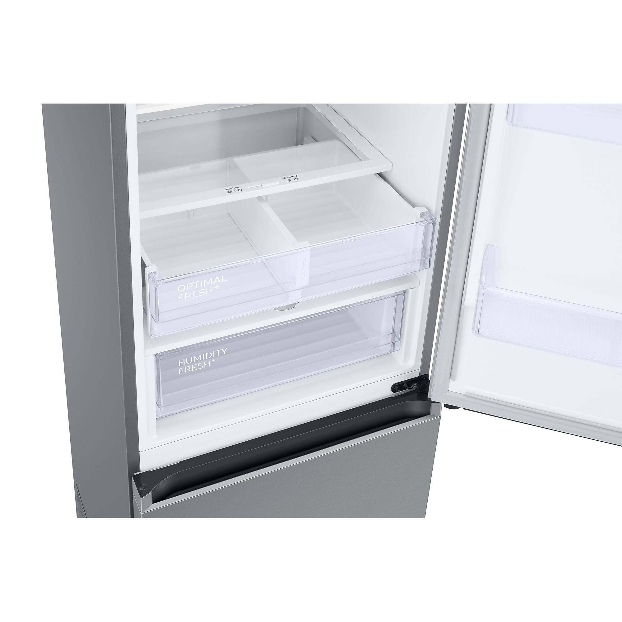 Interior del refrigerador con cajón abierto. Se ven cajones Optimal y Humidity Fresh.