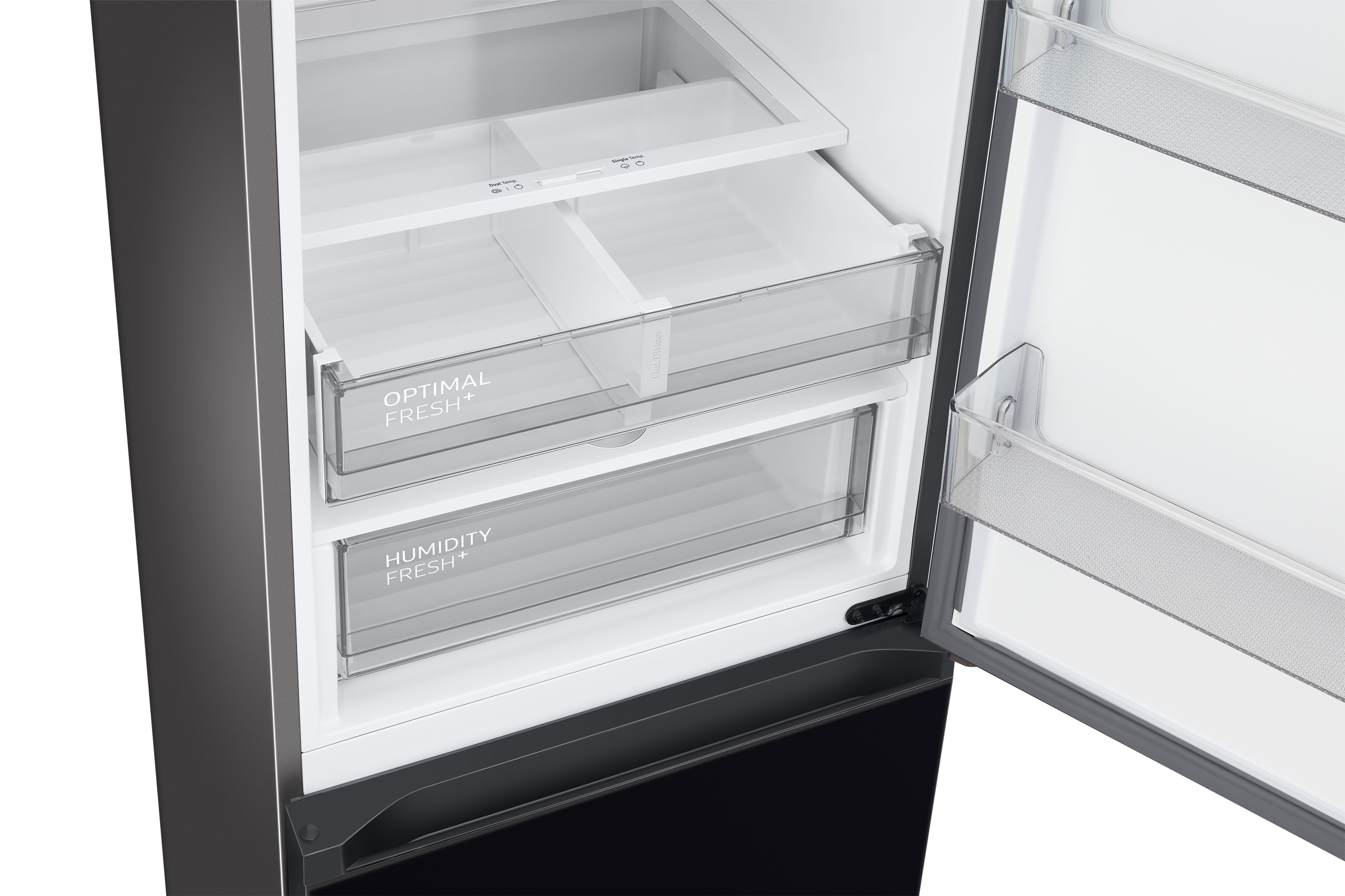 Interior del refrigerador, cajones abiertos. Cajones etiquetados: Optimal Fresh+, Humidity Fresh+. Interior negro.