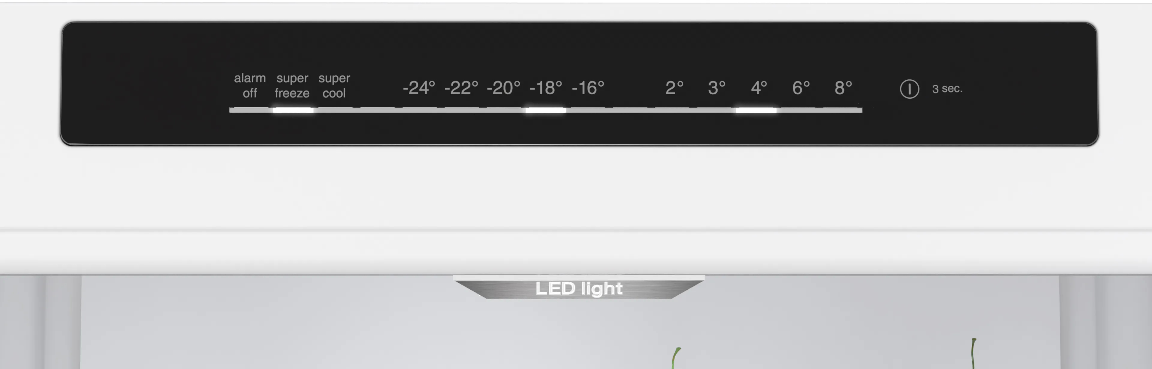 Panel sterowania lodówki z ustawieniami temperatury i przyciskami alarm/super cool.