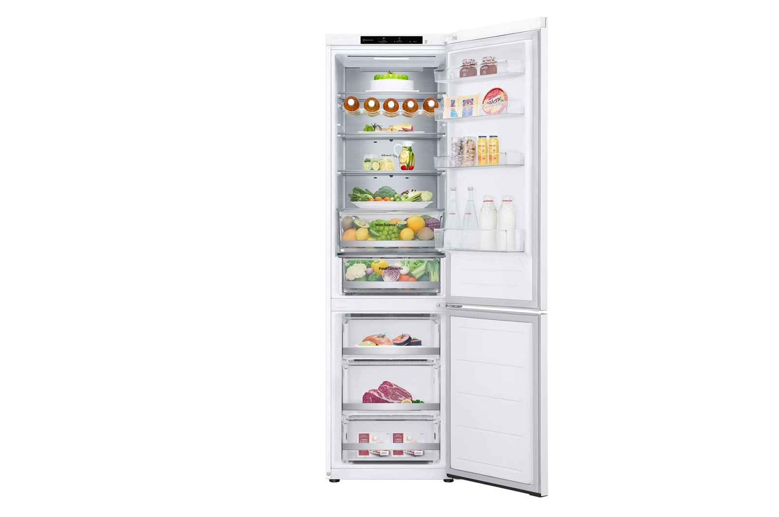 White refrigerator with open doors, filled with food. Background is white with some visible light.