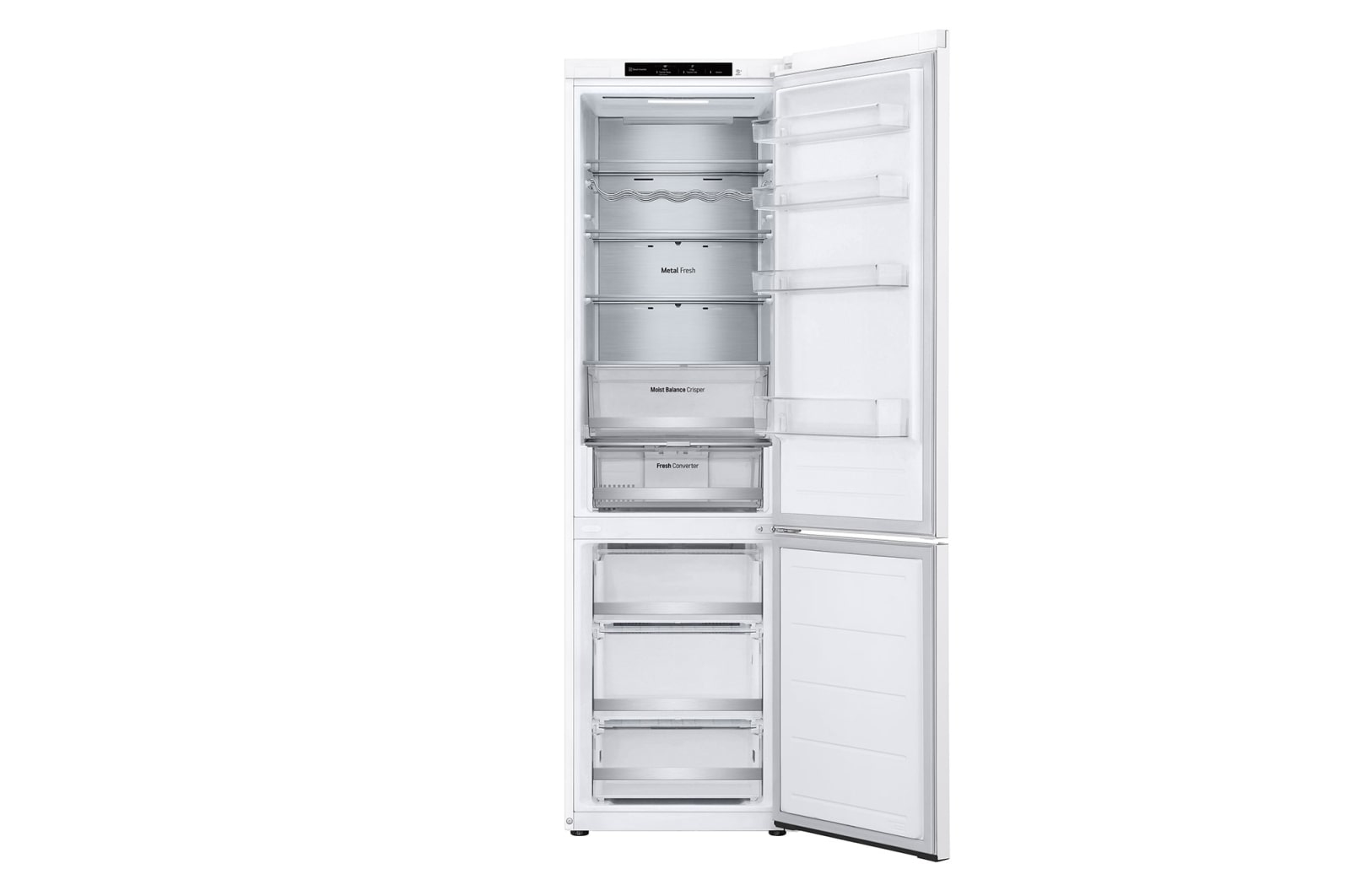 A white refrigerator with open doors. It is on a white background.
