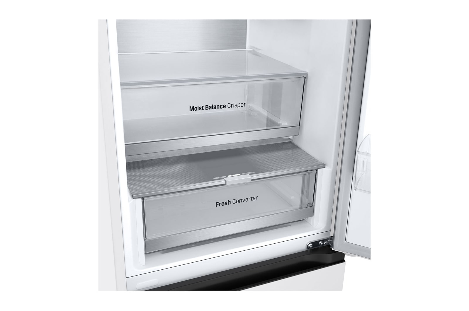 Close-up of refrigerator drawers. Labeled 'Moist Balance Crisper' and 'Fresh Converter' for produce.