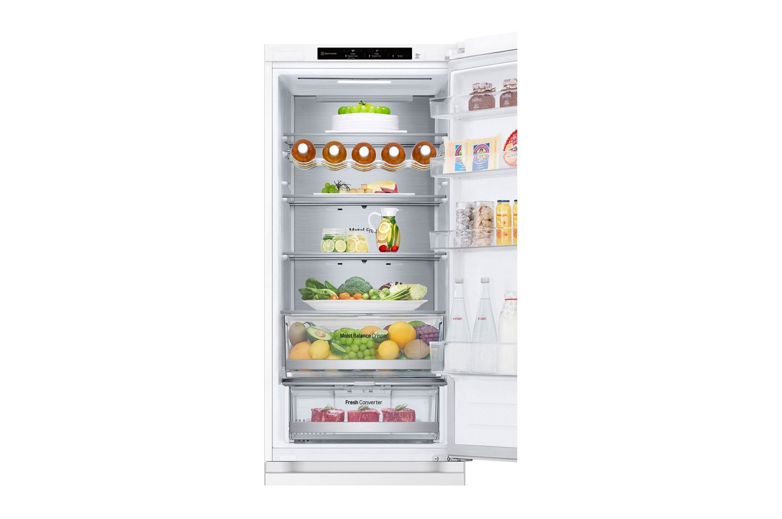 White refrigerator, open, with food. Various shelves and drawers filled with food items.