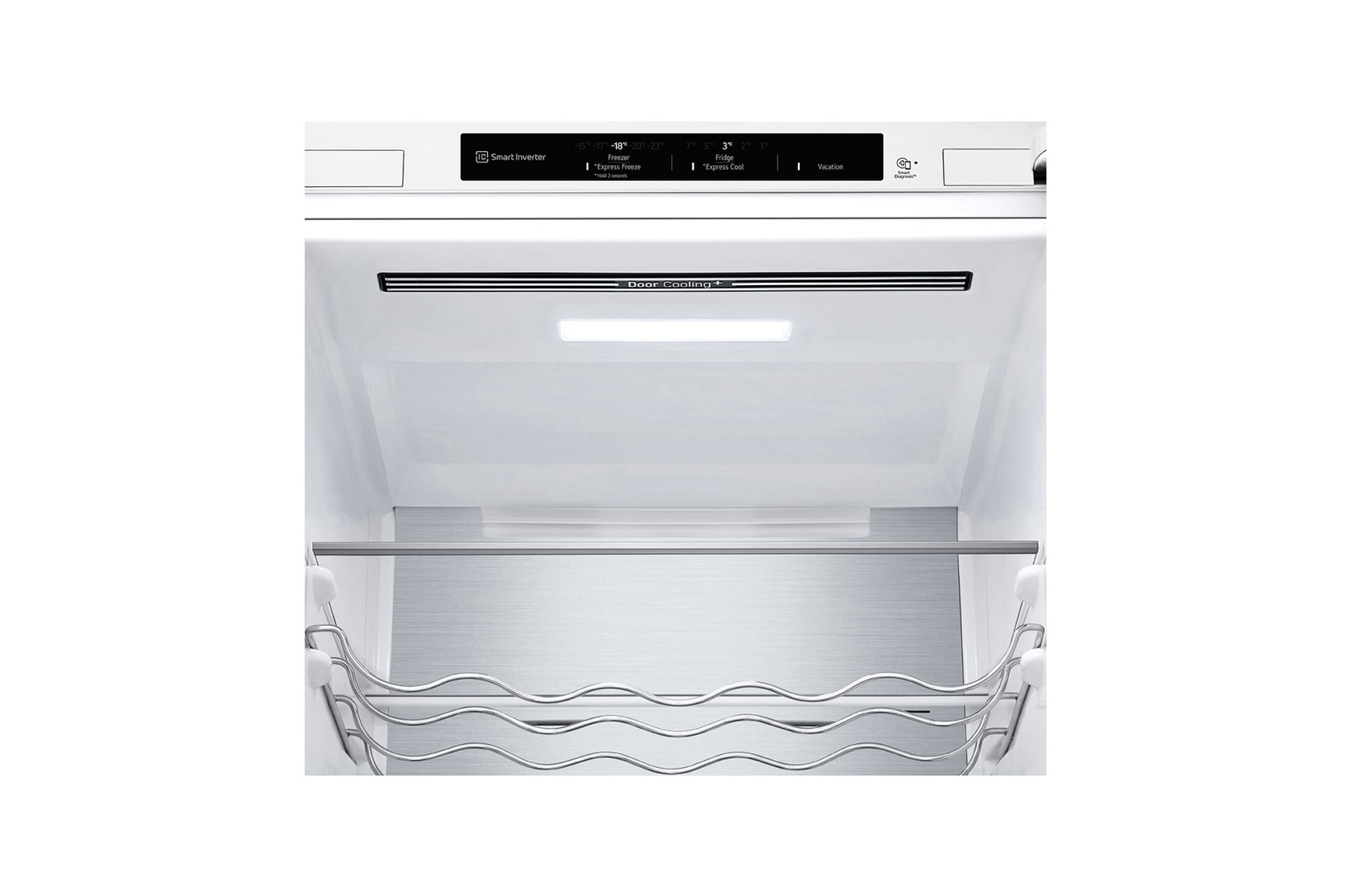 Refrigerator interior, top section. White interior, white background.