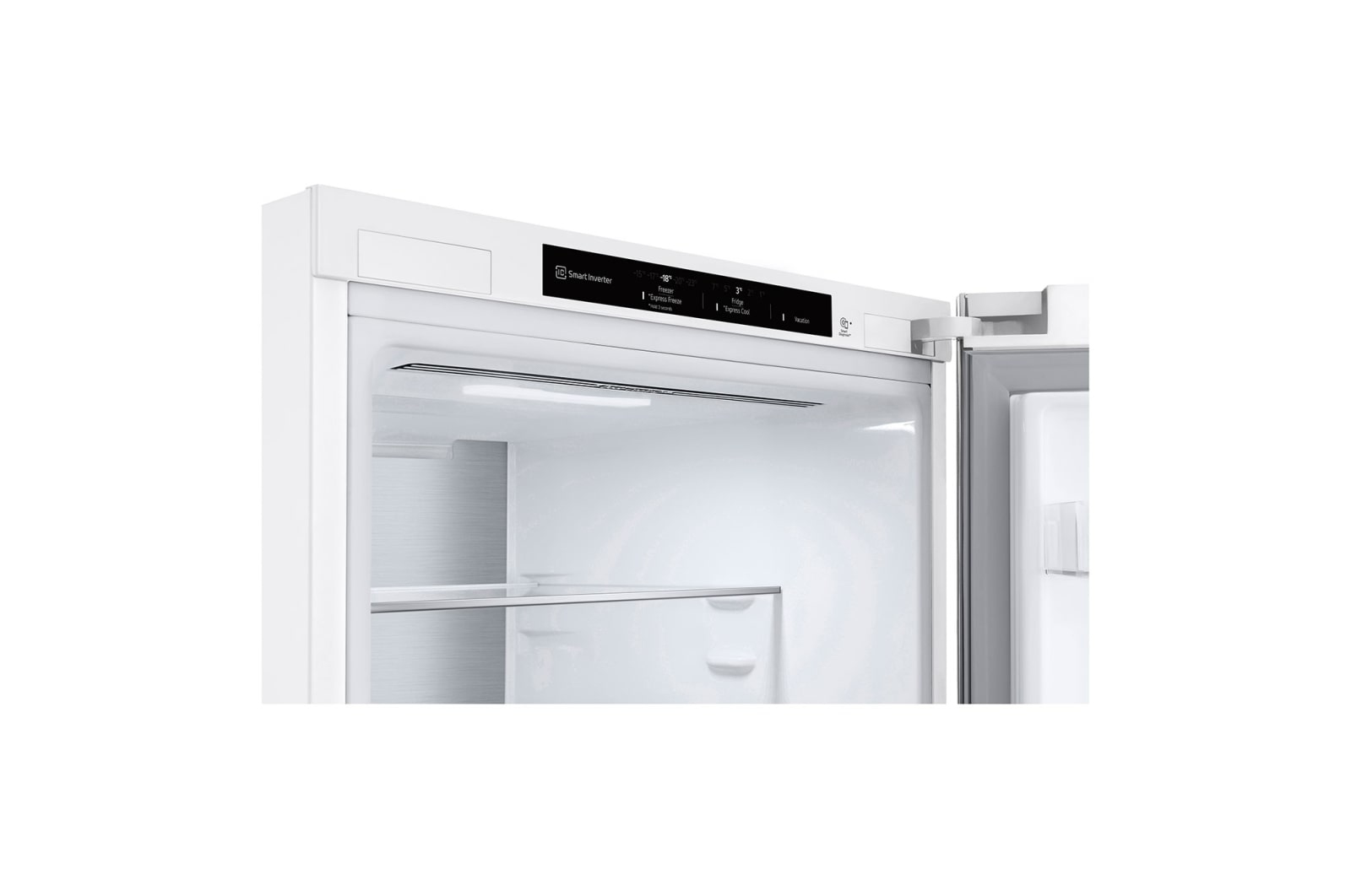 Inside of a white refrigerator, with a display and shelf, revealing the interior.
