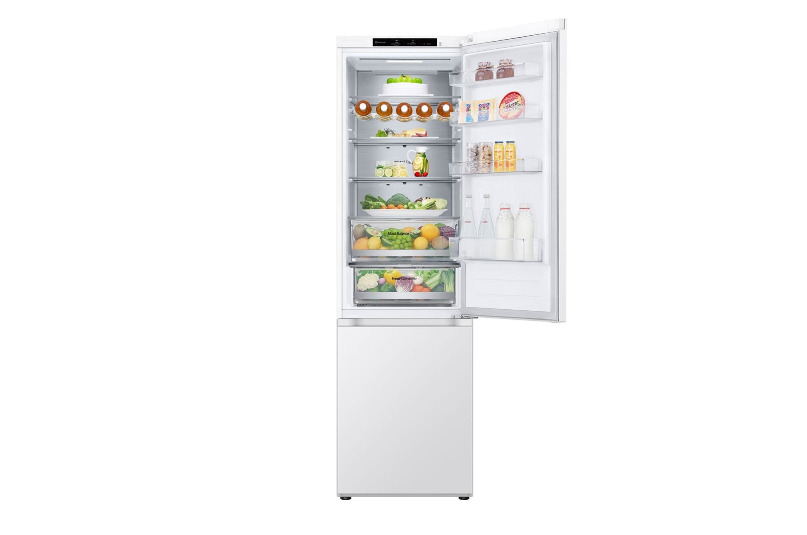 White fridge with open door, full of food: donuts, fruits, vegetables, dairy, and bottles.