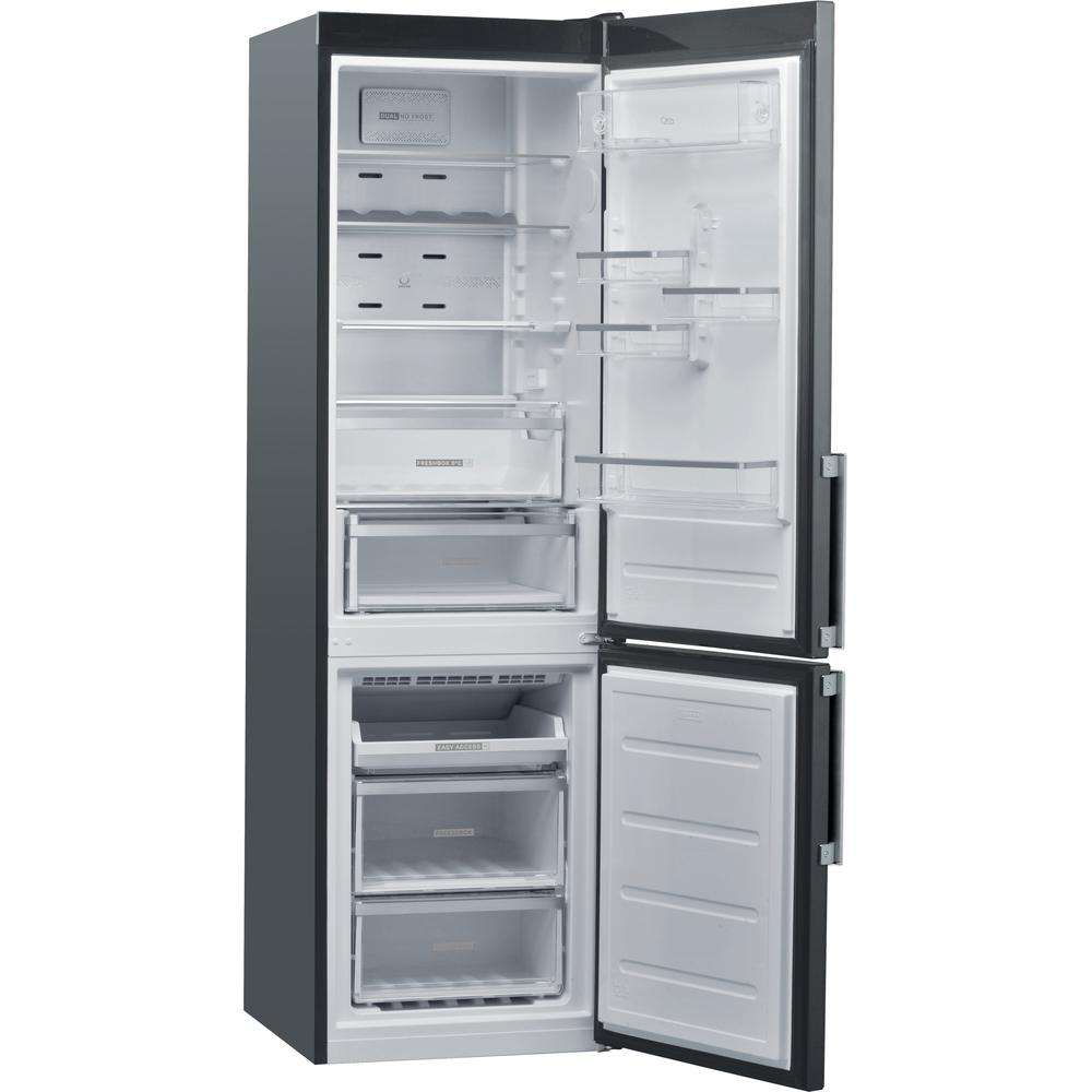 Refrigerador negro con cajones abiertos. Estantes y cajones interiores visibles. La puerta está abierta.