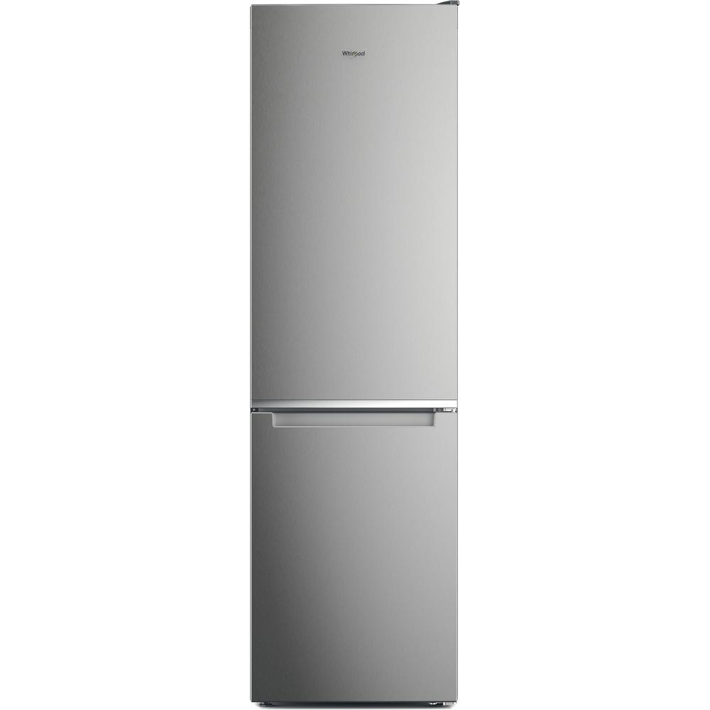 Un refrigerador plateado con manija en la puerta, el logotipo de Whirlpool es visible.