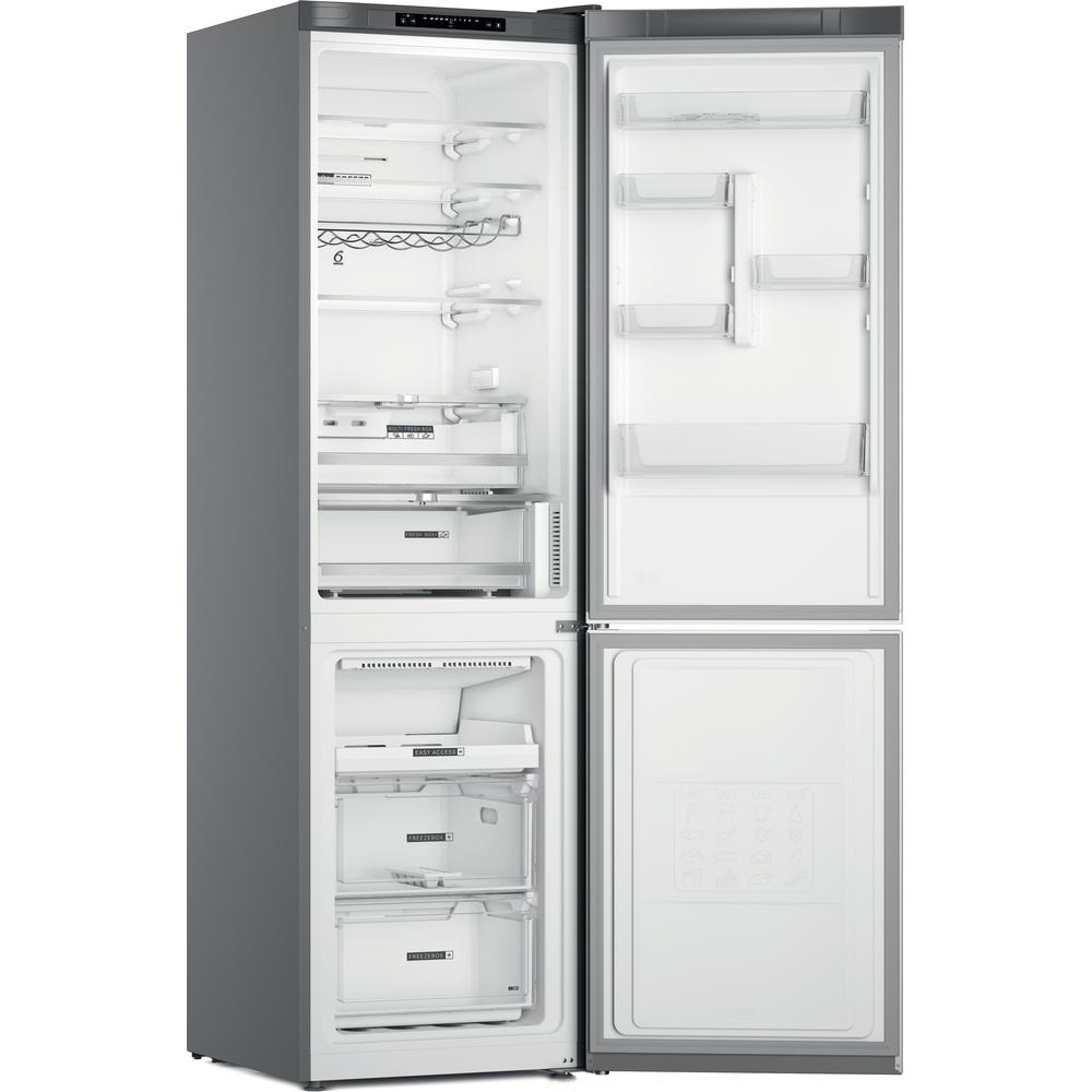 Refrigerador gris abierto. El interior muestra estantes, cajones y varios compartimentos.