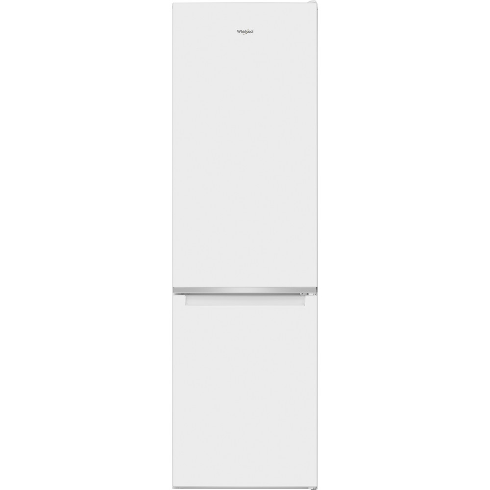 Un refrigerador Whirlpool blanco sobre blanco.