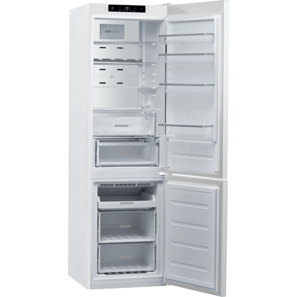 Nevera blanca con puertas abiertas. El interior muestra estantes, cajones y compartimentos.
