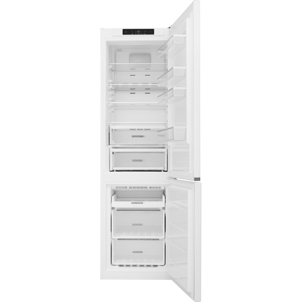 Un refrigerador blanco con las puertas abiertas, que muestra estantes, cajones y un congelador. El interior está lleno de almacenamiento.