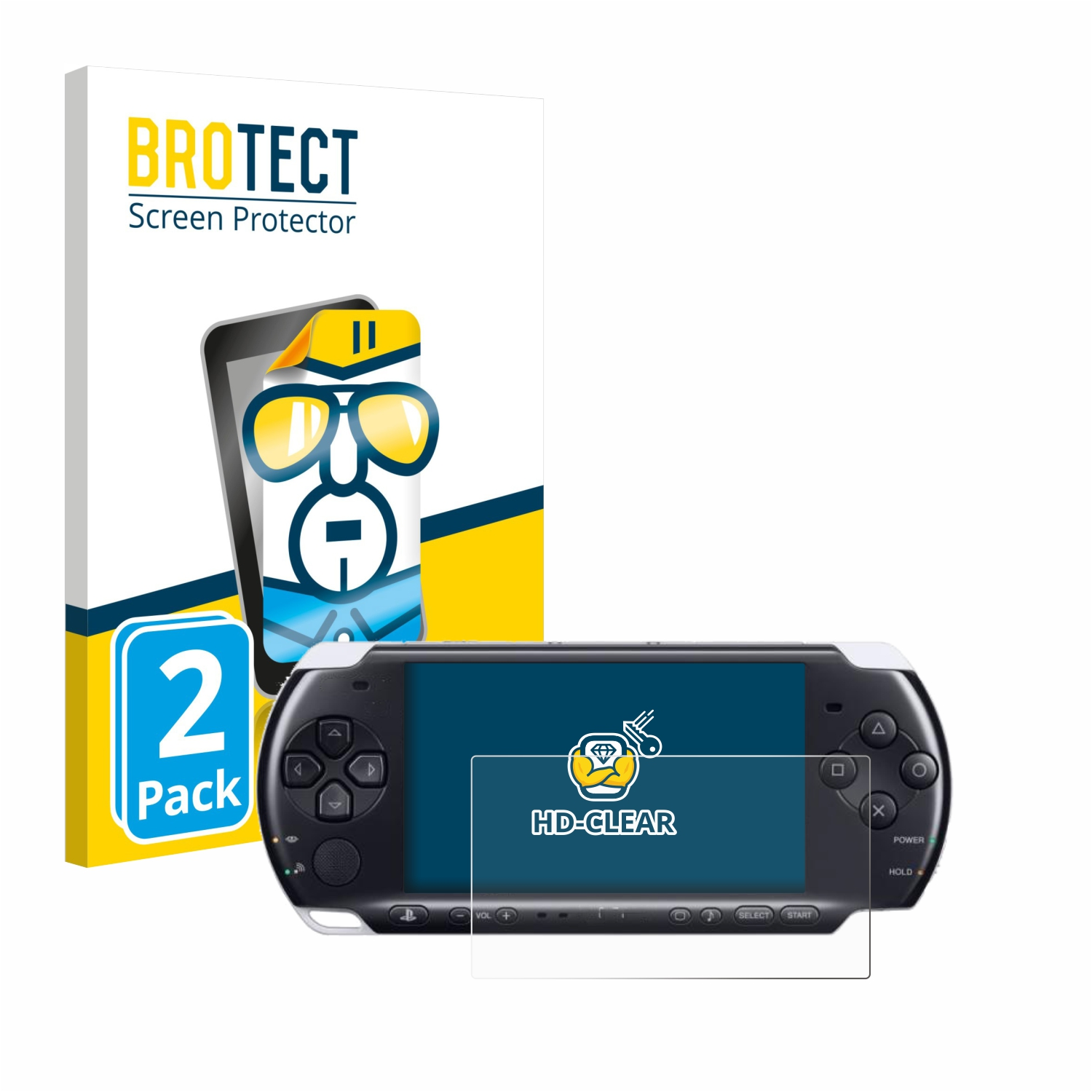 PSP-Konsole mit Displayschutzfolie und Verpackung. Weißer Hintergrund.