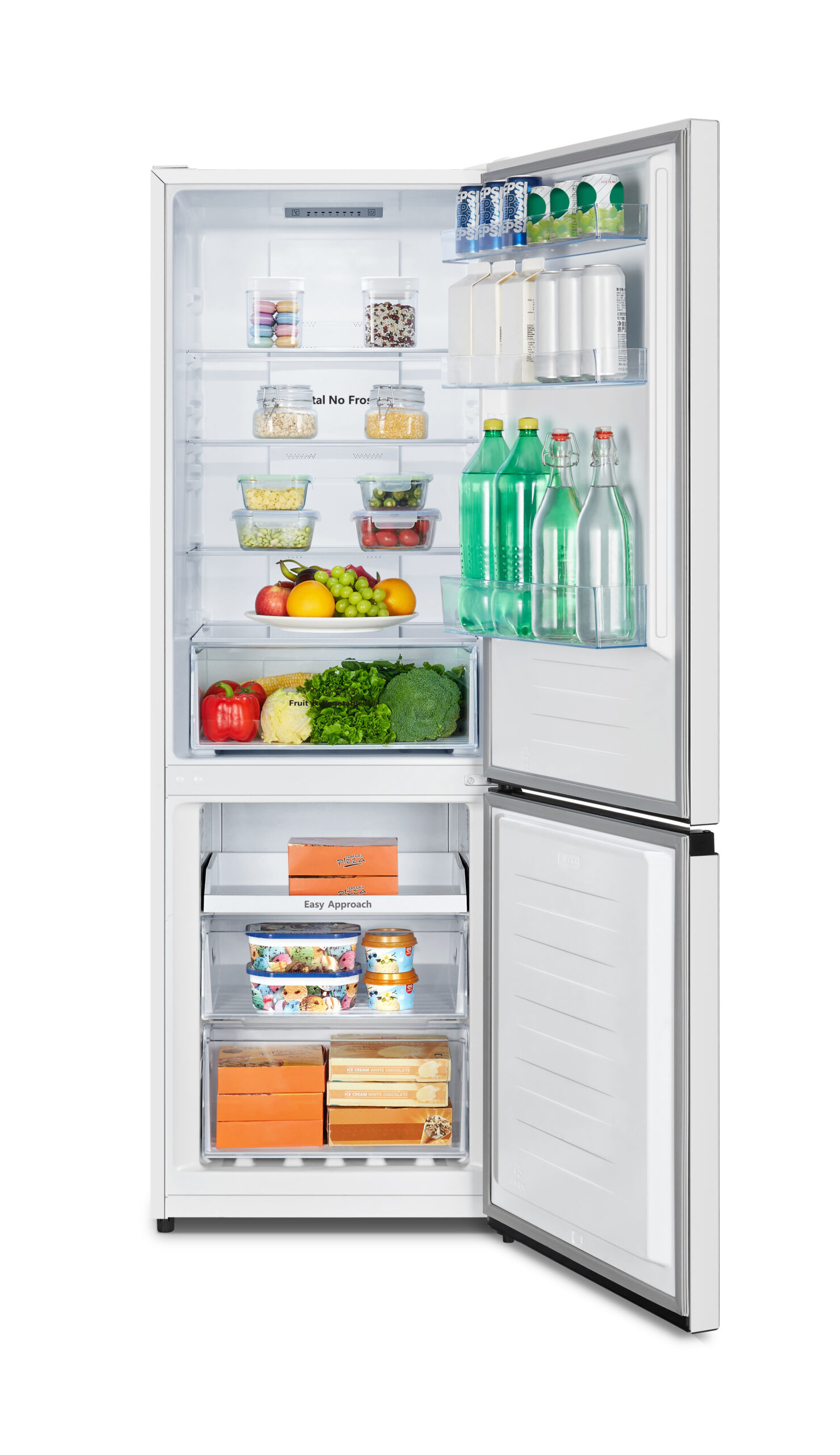 Lodówka z otwartymi drzwiami. W środku: jedzenie, napoje i pojemniki do przechowywania.