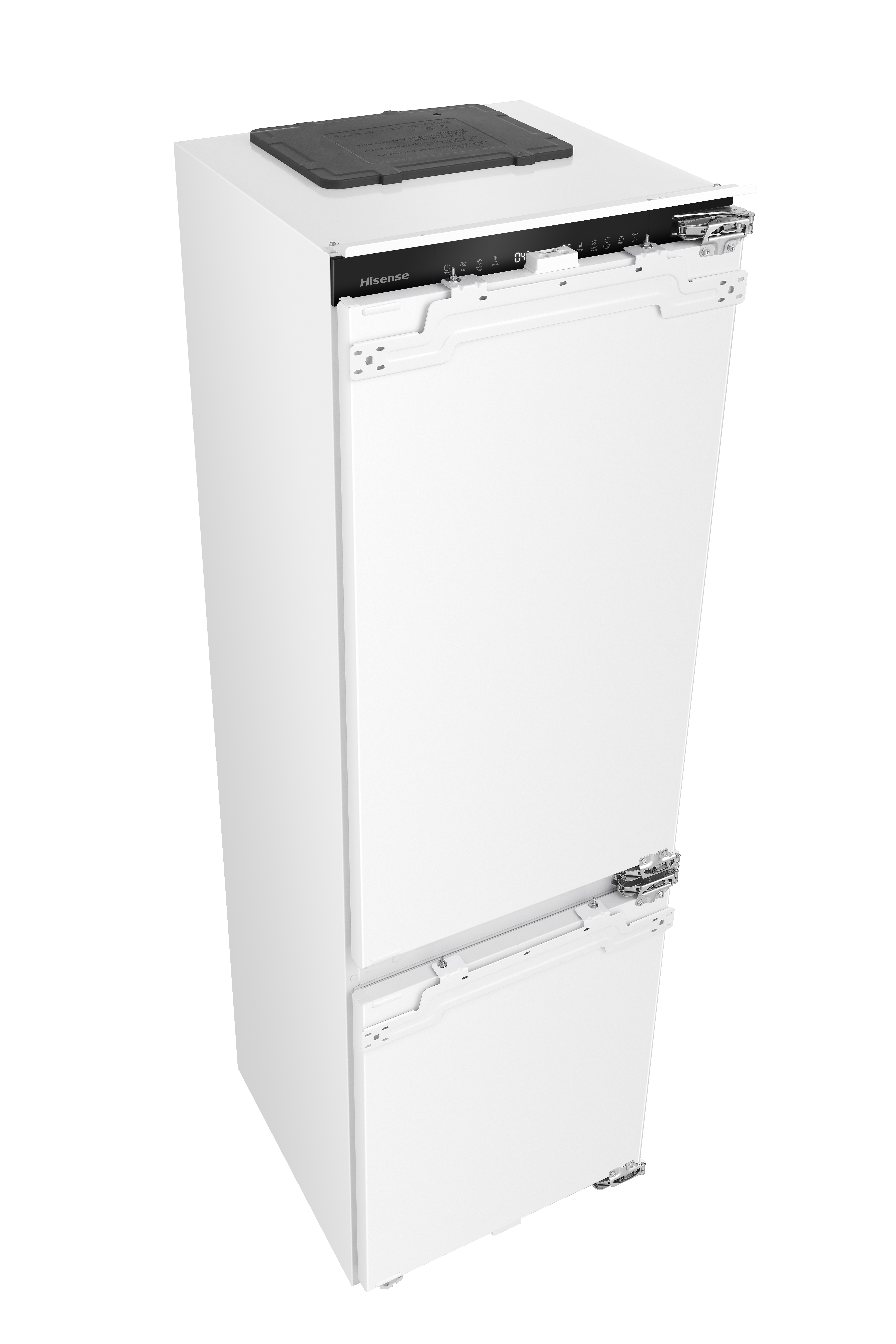 Biała lodówka z wysokiego kąta. Górny panel zawiera panel sterowania. Dolne drzwi zamknięte.