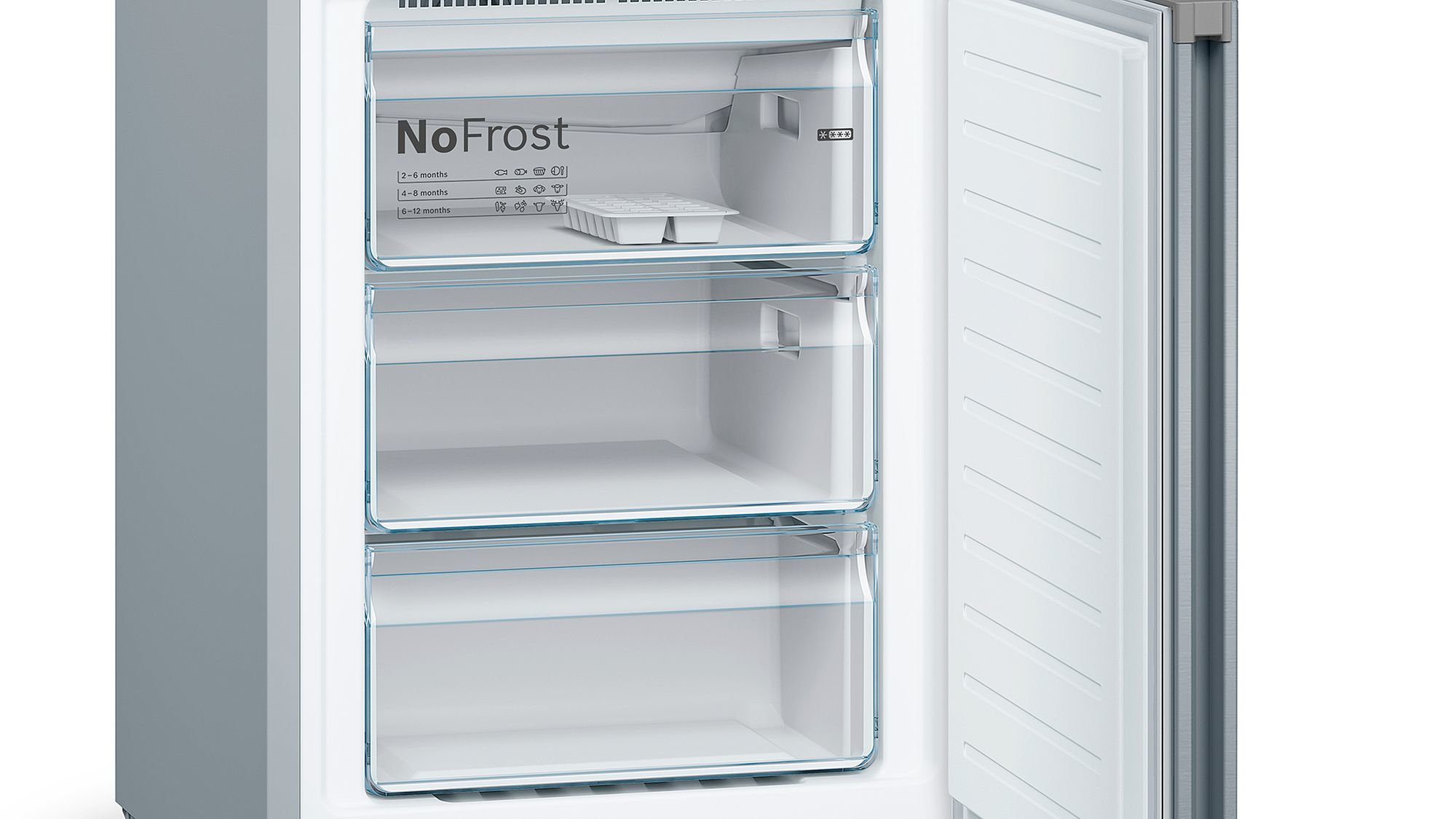 Open vriezer met drie lades, de bovenste met 'NoFrost' erop. Binnenkant wit.