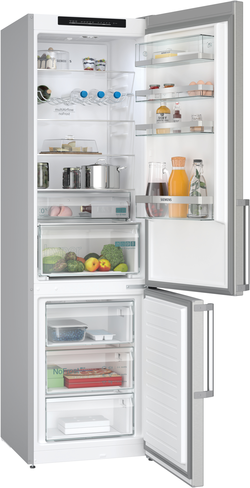 A refrigerator with two doors open, showing shelves with food and compartments. Gray and white.