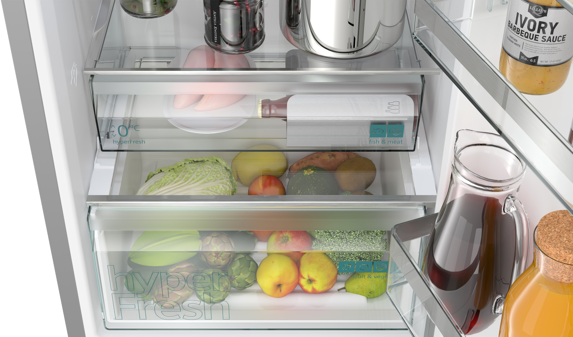Close-up of refrigerator's interior with shelves holding food items.